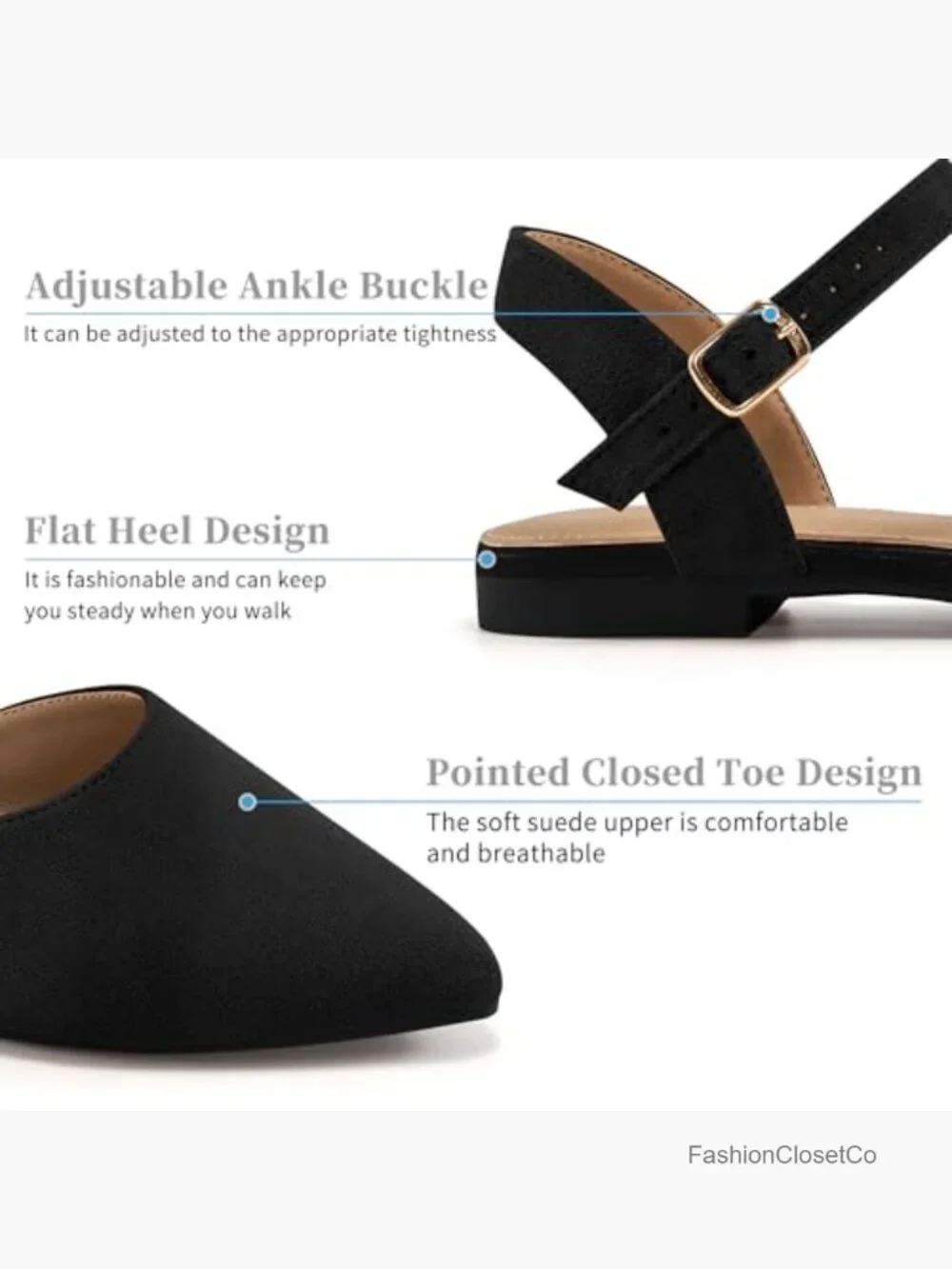 Closed Pointed Toe Dressy Flats - Comfortable Business Casual Walking Sandals - Picture 3 of 7